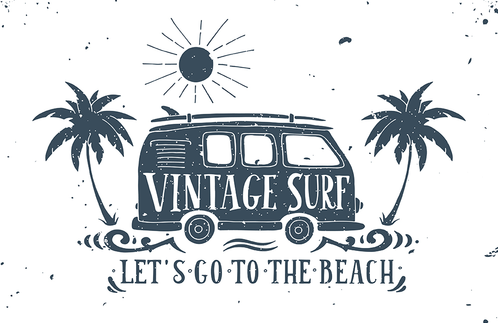 Vintage summer surf print with a mini van, palm trees and letter